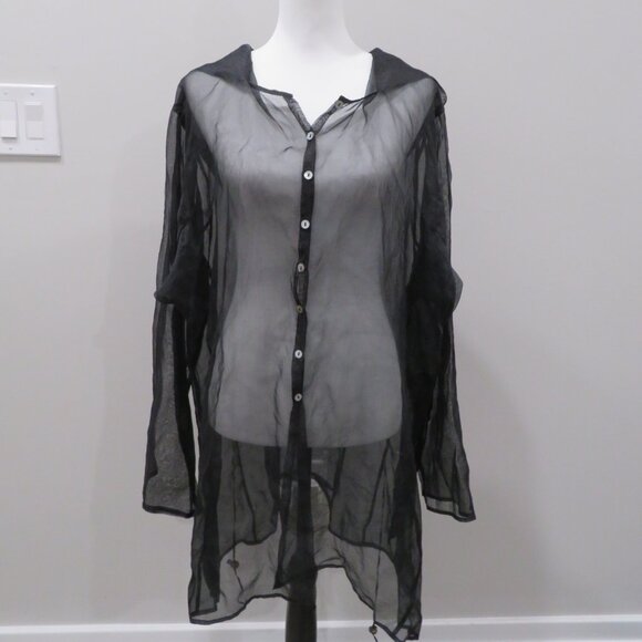 Luna Luz Tops - Luna Luz Black Sheer Button Up Hoodie Dress